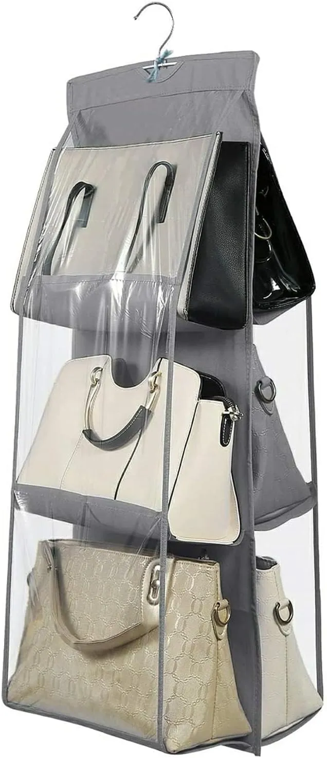 Pack of 4 Dust Proof Hanging Handbag Purse Clutch Organizer with 6 Large Compartments & Hanger Pack of 4 (Grey), Cotton, 84 x 1 x 37 CM, 87KM21827