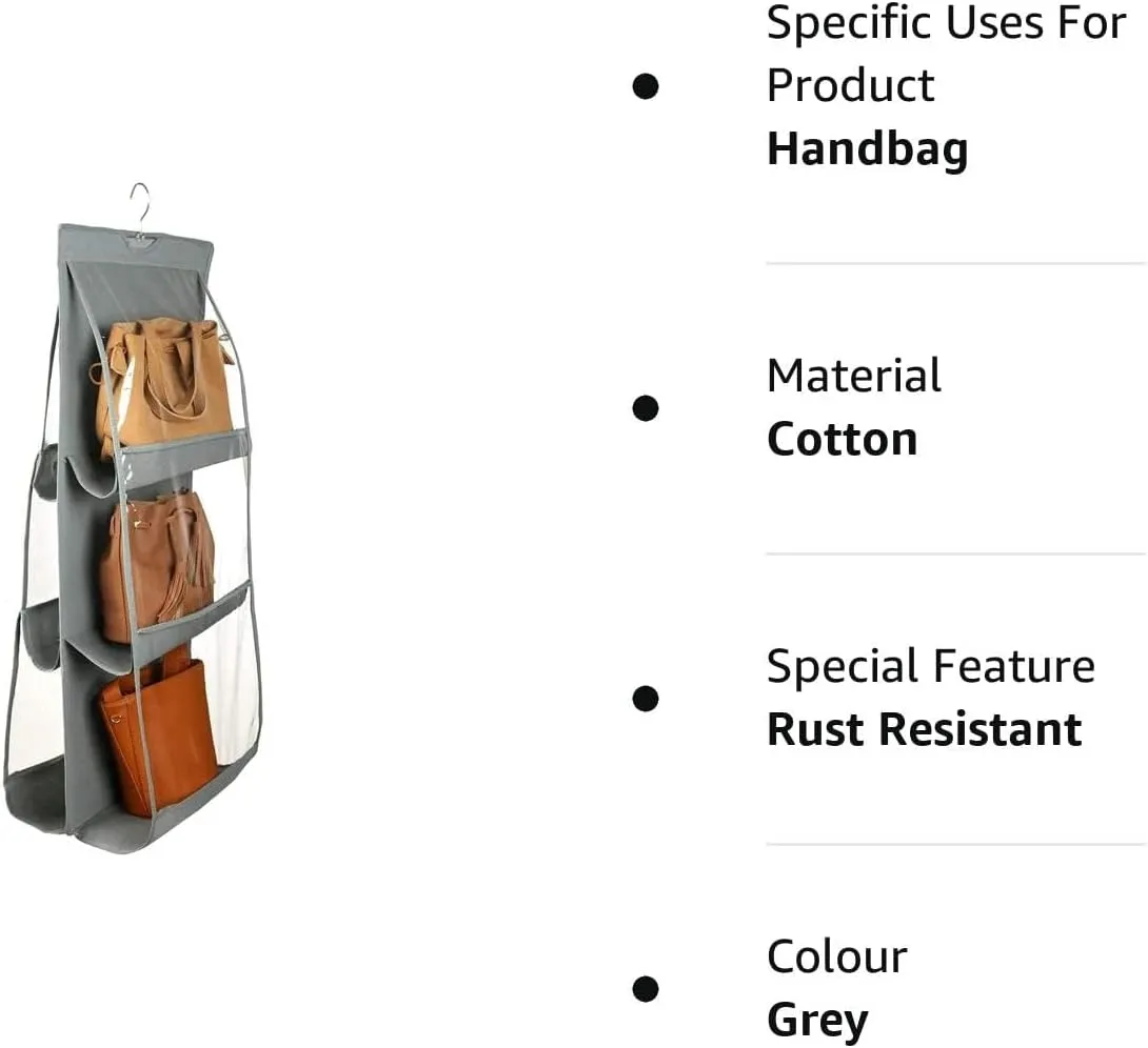 Pack of 4 Dust Proof Hanging Handbag Purse Clutch Organizer with 6 Large Compartments & Hanger Pack of 4 (Grey), Cotton, 84 x 1 x 37 CM, 87KM21827