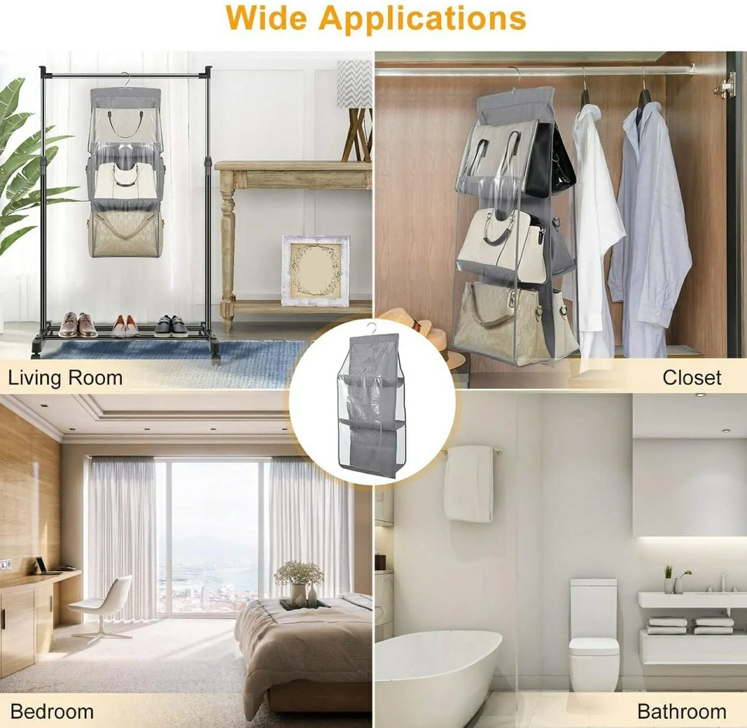 Pack of 4 Dust Proof Hanging Handbag Purse Clutch Organizer with 6 Large Compartments & Hanger Pack of 4 (Grey), Cotton, 84 x 1 x 37 CM, 87KM21827
