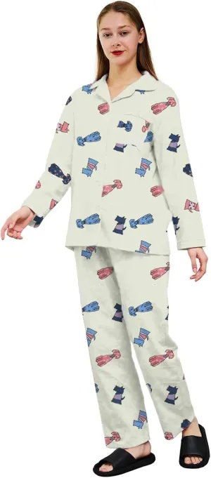 Pajamas for Women Set 2 Piece Cotton Womens Pjs Sets Long Sleeve Button Down Tops with Chest Pocket Soft Sleepwear