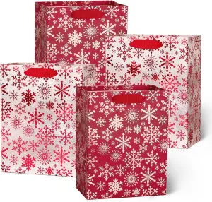 PAPER FAIR 12PCS Metallic Red Silver Christmas Gift Bags Bulk, Size L 9'' M 7'', Reusable Xmas Gift Wrap Tote Bags Assorted Snowflake For Holiday New Year Thanksgiving Party Favor Decor Gift Packaging