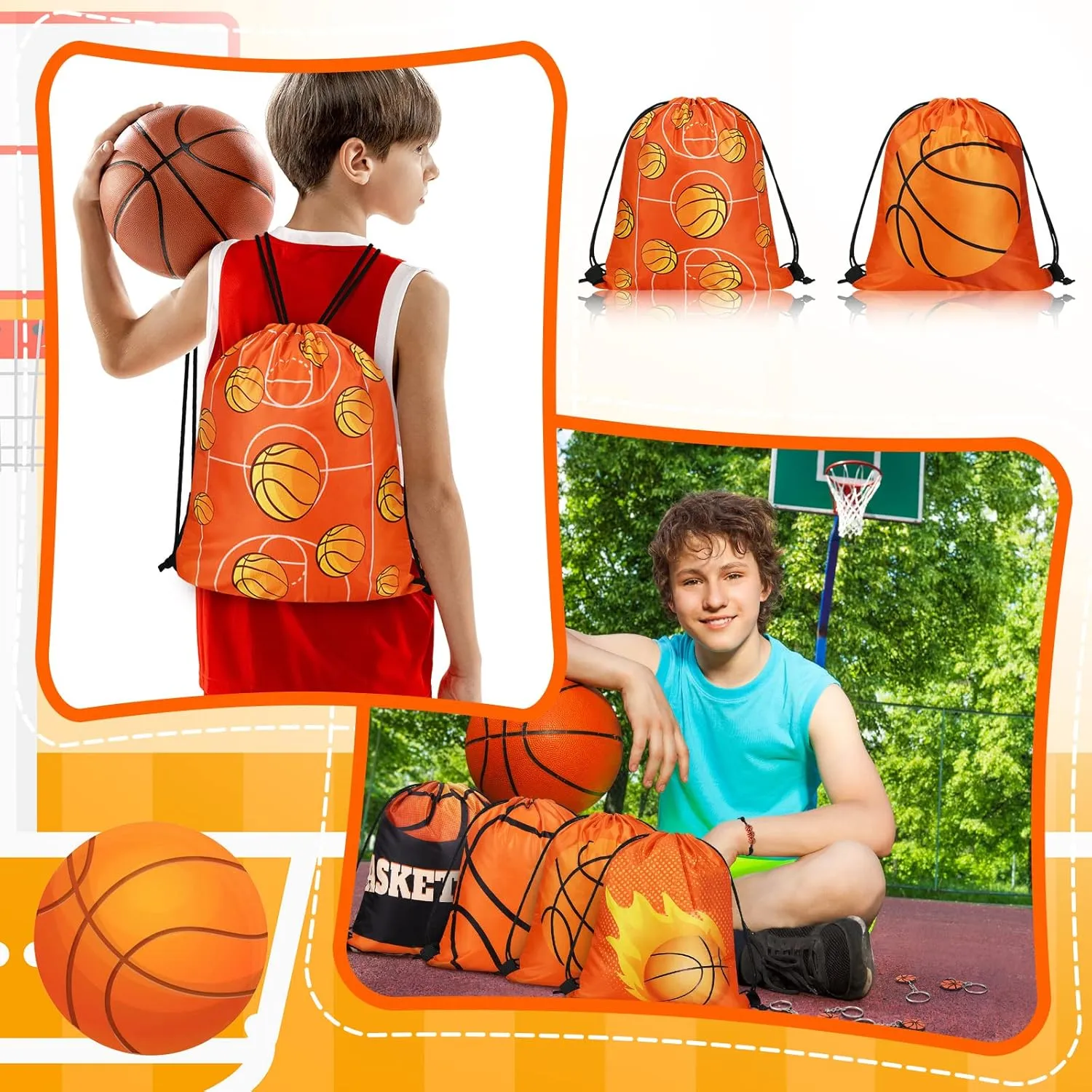 Patelai 36 Pcs Sport Party Favors 12 Drawstring Gift Bags Goodie Treat Candy Bag 12 Adjustable Bracelets 12 Keychains for Birthday Party Supplies Decorations(Basketball)