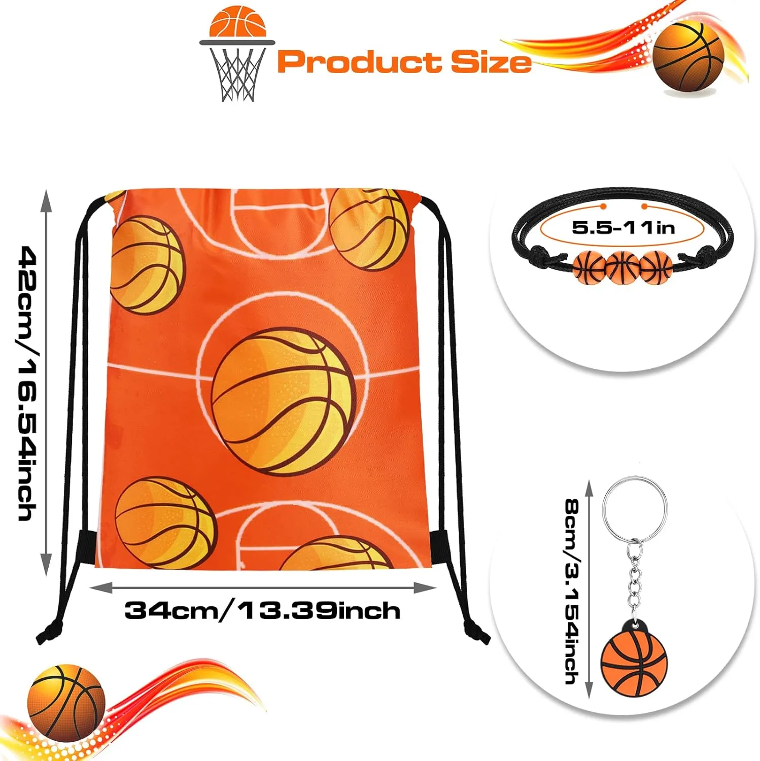 Patelai 36 Pcs Sport Party Favors 12 Drawstring Gift Bags Goodie Treat Candy Bag 12 Adjustable Bracelets 12 Keychains for Birthday Party Supplies Decorations(Basketball)
