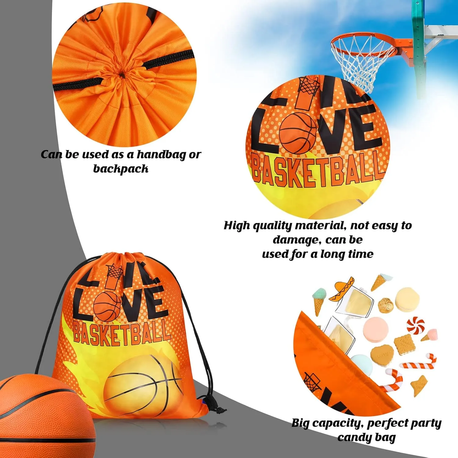 Patelai 36 Pcs Sport Party Favors 12 Drawstring Gift Bags Goodie Treat Candy Bag 12 Adjustable Bracelets 12 Keychains for Birthday Party Supplies Decorations(Basketball)
