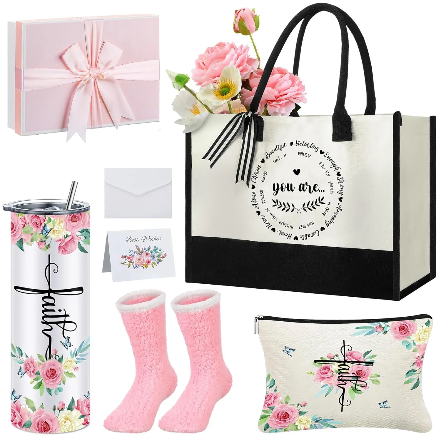 Paterr 7 Pcs Christian Gift for Women Include 20 oz Stainless Steel Tumbler Inspirational Religious Tote Bag Makeup Bag Socks Keychain Thank You Card Christian Birthday Gifts for Women(You Are)