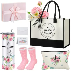 Paterr 7 Pcs Christian Gift for Women Include 20 oz Stainless Steel Tumbler Inspirational Religious Tote Bag Makeup Bag Socks Keychain Thank You Card Christian Birthday Gifts for Women(You Are)