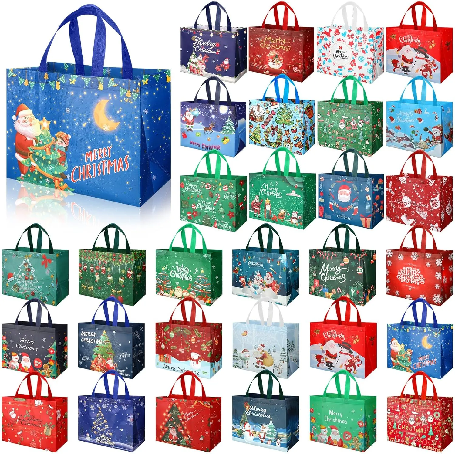 Paterr 90 Pcs Large Reusable Christmas Tote Bags - Non Woven Bags with Handle, 12.6 x 9.8 x 6.7 Inch, 30 Styles
