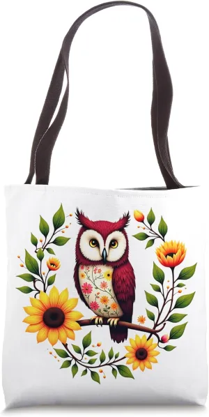 Patterned Owl with Yellow Sunflowers and Folk Art Charm Tote Bag