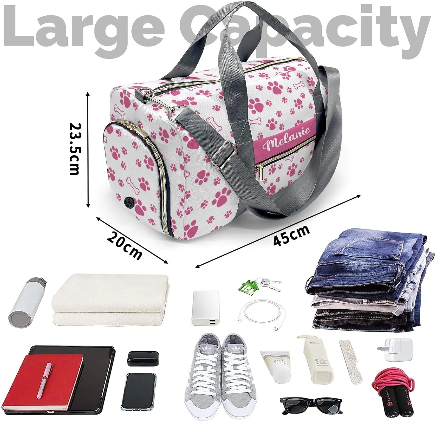 Paws Bones Stars Pink Personalized Duffel Bag with Name Custom Overnight Bag Multi-Function Travel Bag Sports Gym Bag for Travel Weekend Duffel Bag