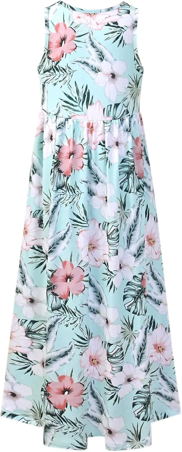 Perfashion Girls Maxi Dress,Cotton,Casual,Sleeveless/Long Sleeve Crew Neck 6-15Y