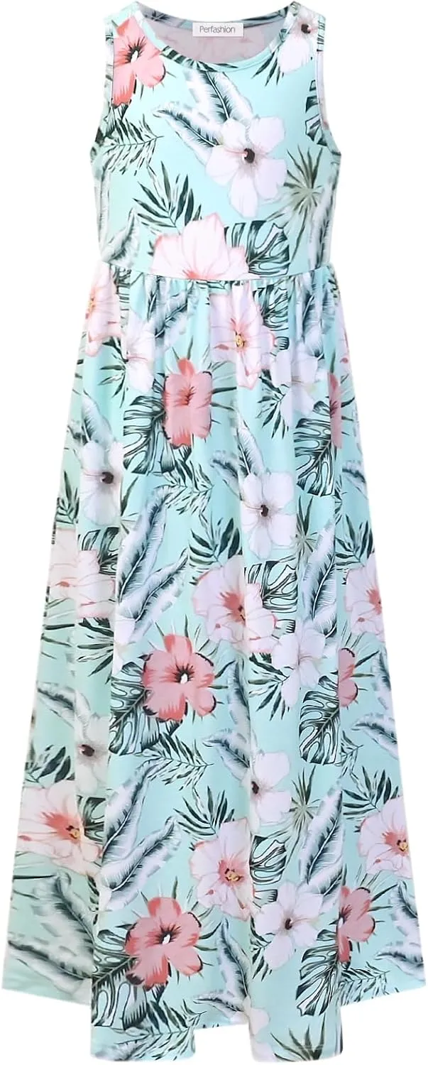 Perfashion Girls Maxi Dress,Cotton,Casual,Sleeveless/Long Sleeve Crew Neck 6-15Y