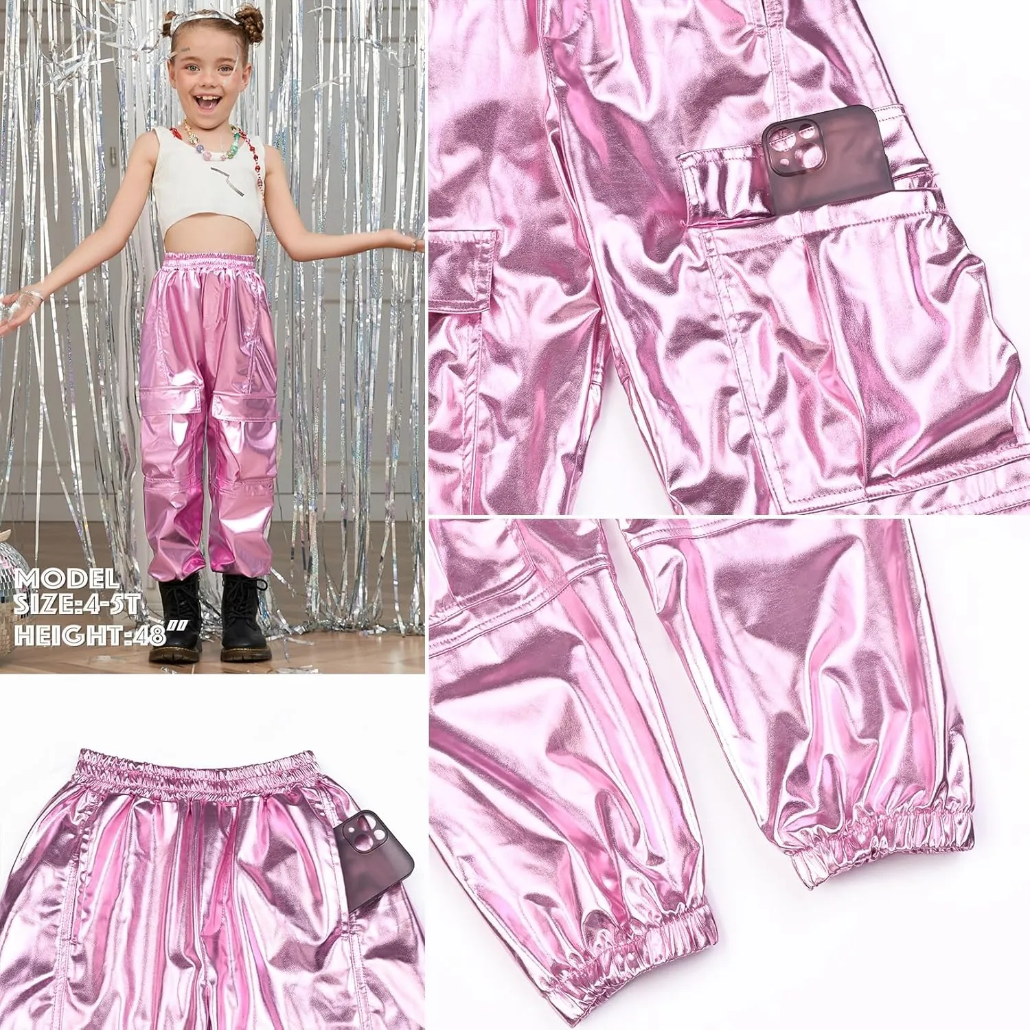 Perfashion Metallic Cargo Pants for Girls Hip Hop Dance Multi-Pocket Joggers High Waist Pants 6-15Y