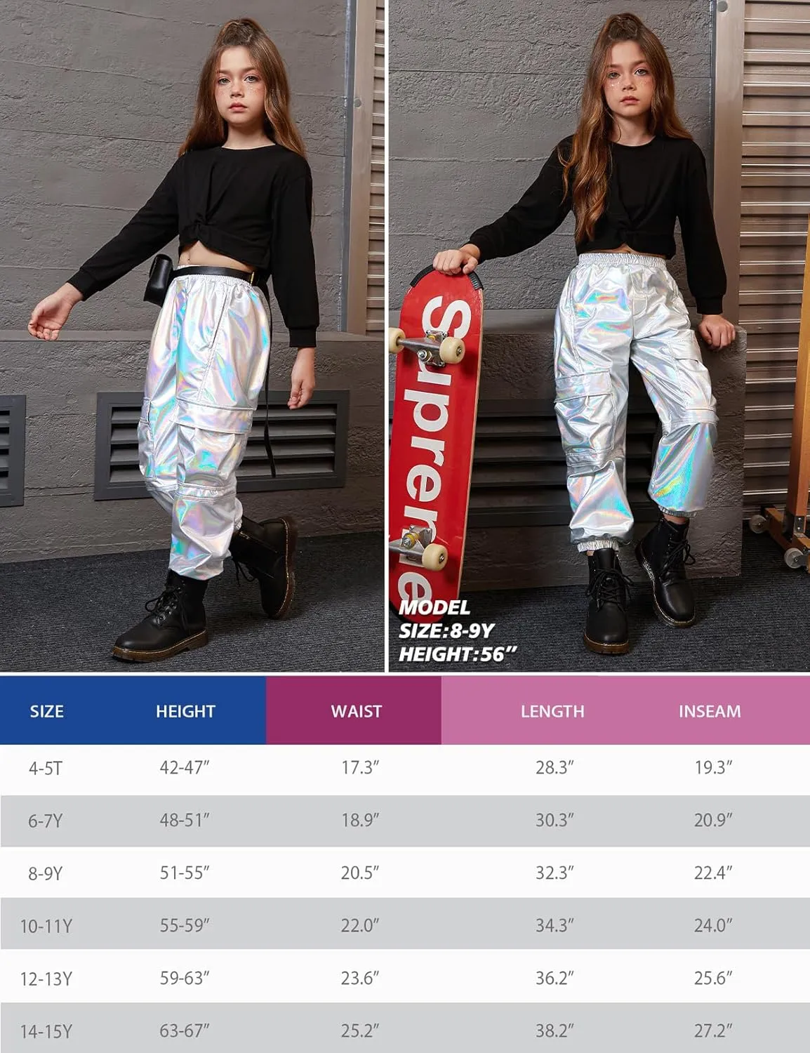 Perfashion Metallic Cargo Pants for Girls Hip Hop Dance Multi-Pocket Joggers High Waist Pants 6-15Y