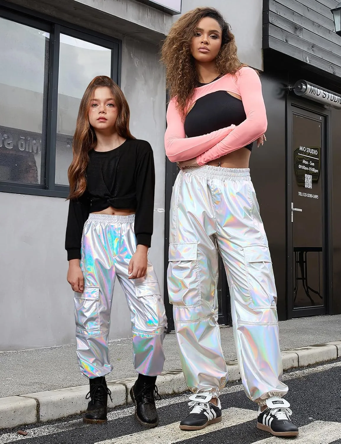 Perfashion Metallic Cargo Pants for Girls Hip Hop Dance Multi-Pocket Joggers High Waist Pants 6-15Y