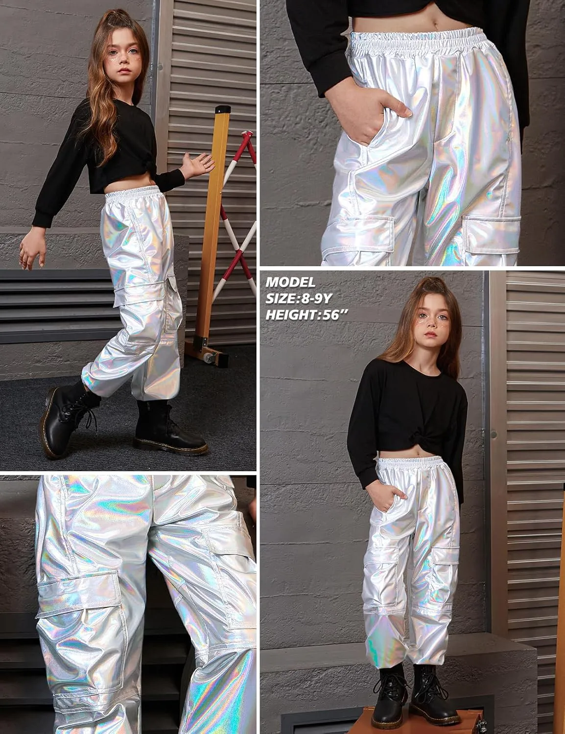 Perfashion Metallic Cargo Pants for Girls Hip Hop Dance Multi-Pocket Joggers High Waist Pants 6-15Y