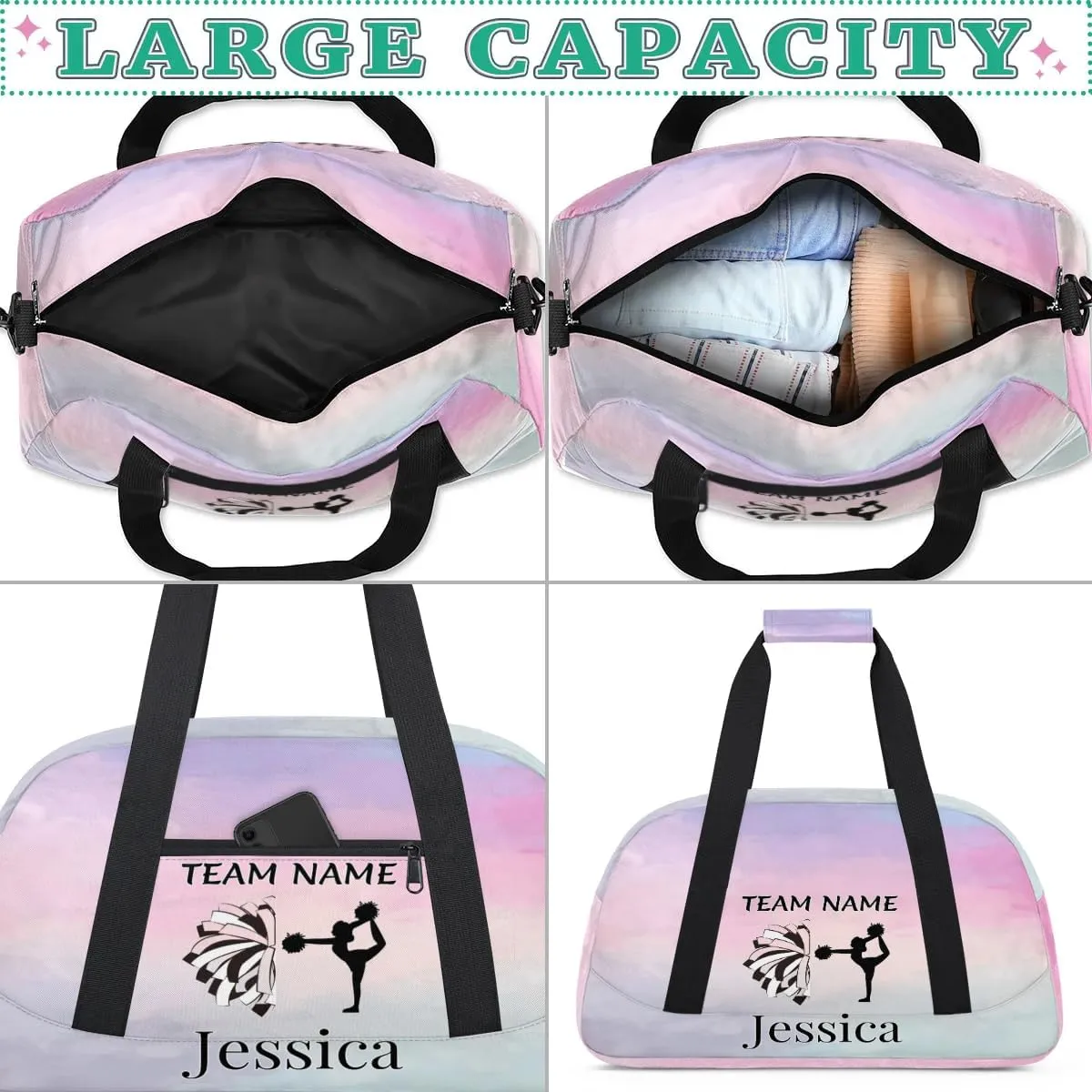 Personalised Cheer Sports Bags, Custom Cheerleader Silhouette Gym Duffle Bag Cheerleading Bags Travel Duffel Bag, Overnight Weekender Bags, Colourful Prints