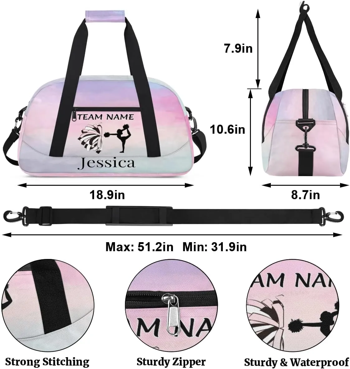 Personalised Cheer Sports Bags, Custom Cheerleader Silhouette Gym Duffle Bag Cheerleading Bags Travel Duffel Bag, Overnight Weekender Bags, Colourful Prints