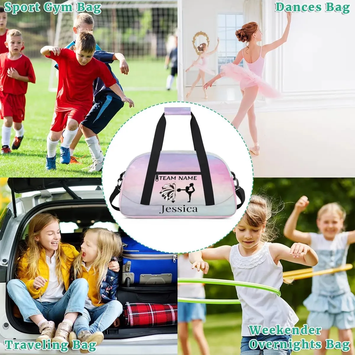 Personalised Cheer Sports Bags, Custom Cheerleader Silhouette Gym Duffle Bag Cheerleading Bags Travel Duffel Bag, Overnight Weekender Bags, Colourful Prints