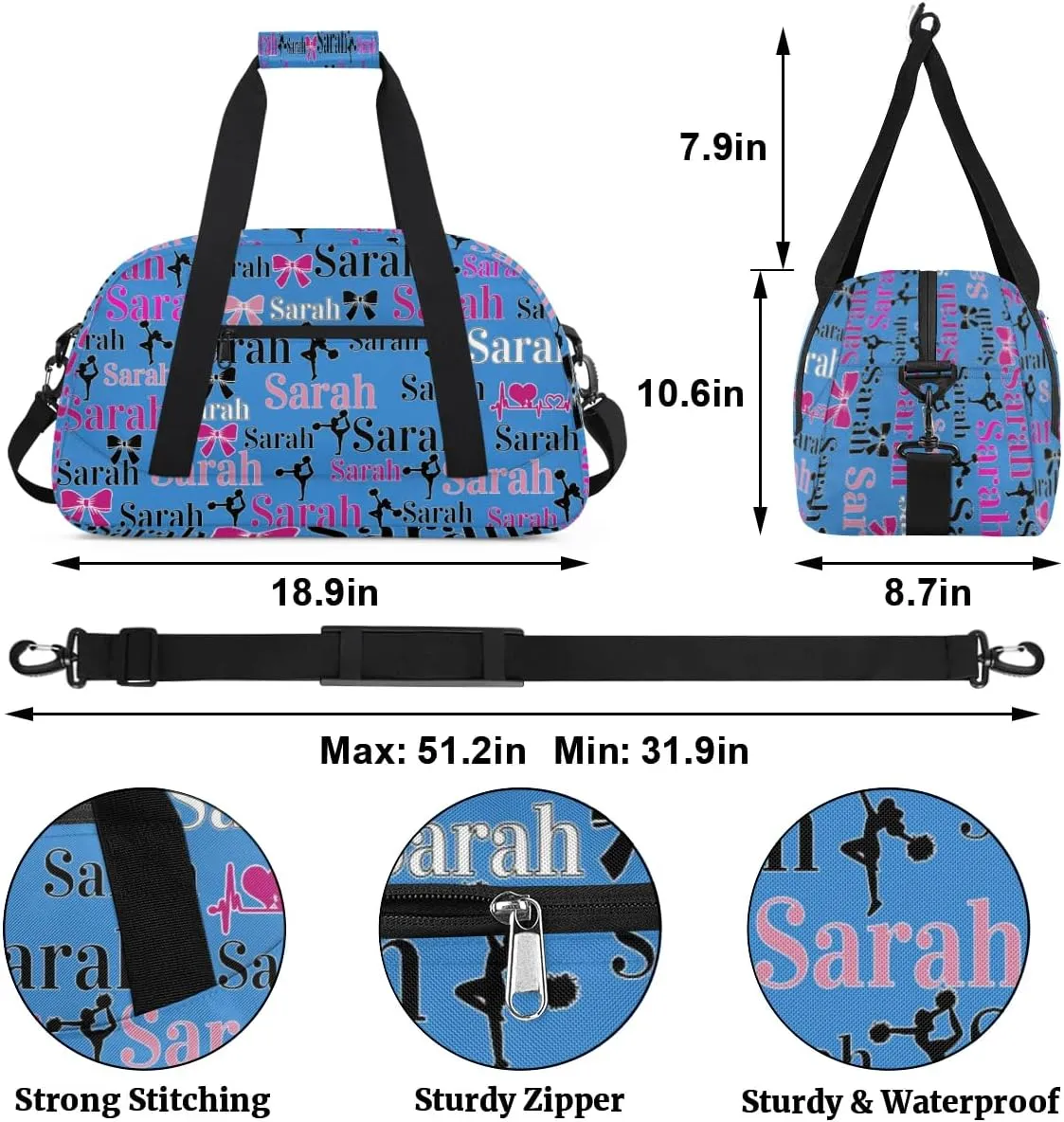 Personalized Cheer Duffle Bags, Custom Cheerleading Gym Bag for Women, Cheer Duffel Bag with Name Overnight Weekender Bags Customized Gifts for Cheerleaders (Blue)