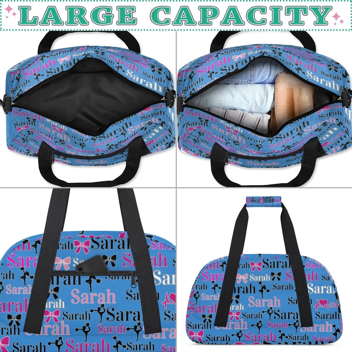 Personalized Cheer Duffle Bags, Custom Cheerleading Gym Bag for Women, Cheer Duffel Bag with Name Overnight Weekender Bags Customized Gifts for Cheerleaders (Blue)