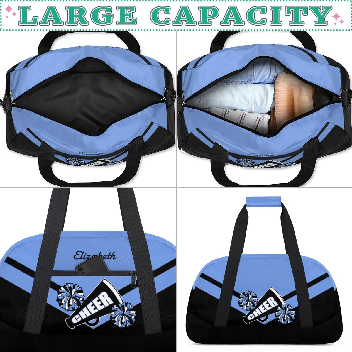 Personalized Cheerleader Bag for Girls Kids, Custom Gym Bag Overnight Small Duffel Bag with Padded Handles Carry On Weekend Sports Travel Bag for School Practice, Cheerleader Blue