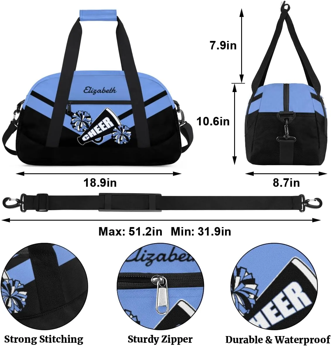 Personalized Cheerleader Bag for Girls Kids, Custom Gym Bag Overnight Small Duffel Bag with Padded Handles Carry On Weekend Sports Travel Bag for School Practice, Cheerleader Blue