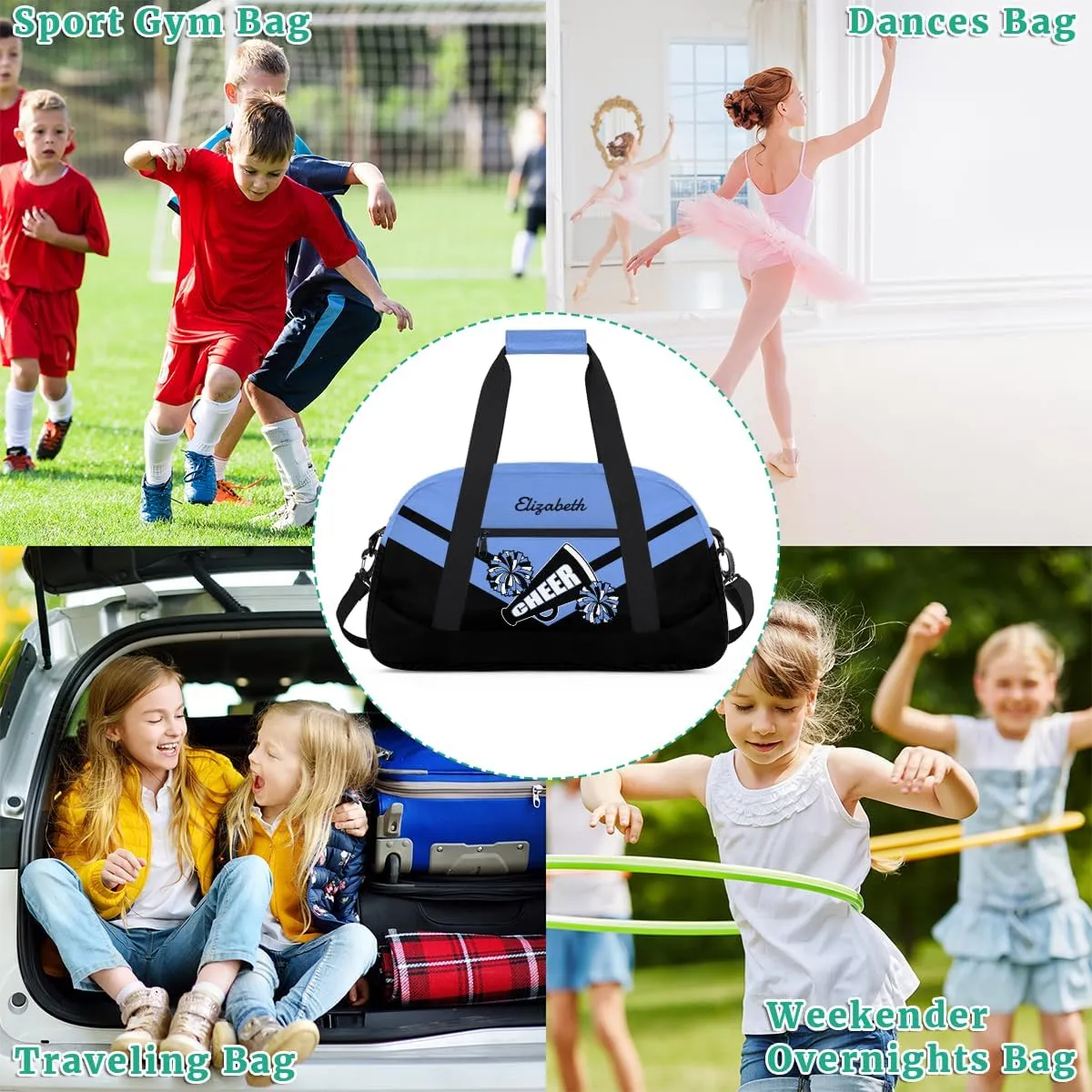 Personalized Cheerleader Bag for Girls Kids, Custom Gym Bag Overnight Small Duffel Bag with Padded Handles Carry On Weekend Sports Travel Bag for School Practice, Cheerleader Blue