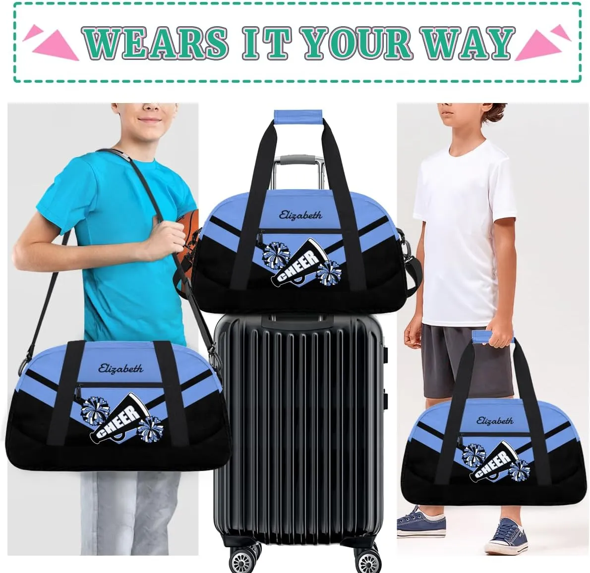 Personalized Cheerleader Bag for Girls Kids, Custom Gym Bag Overnight Small Duffel Bag with Padded Handles Carry On Weekend Sports Travel Bag for School Practice, Cheerleader Blue