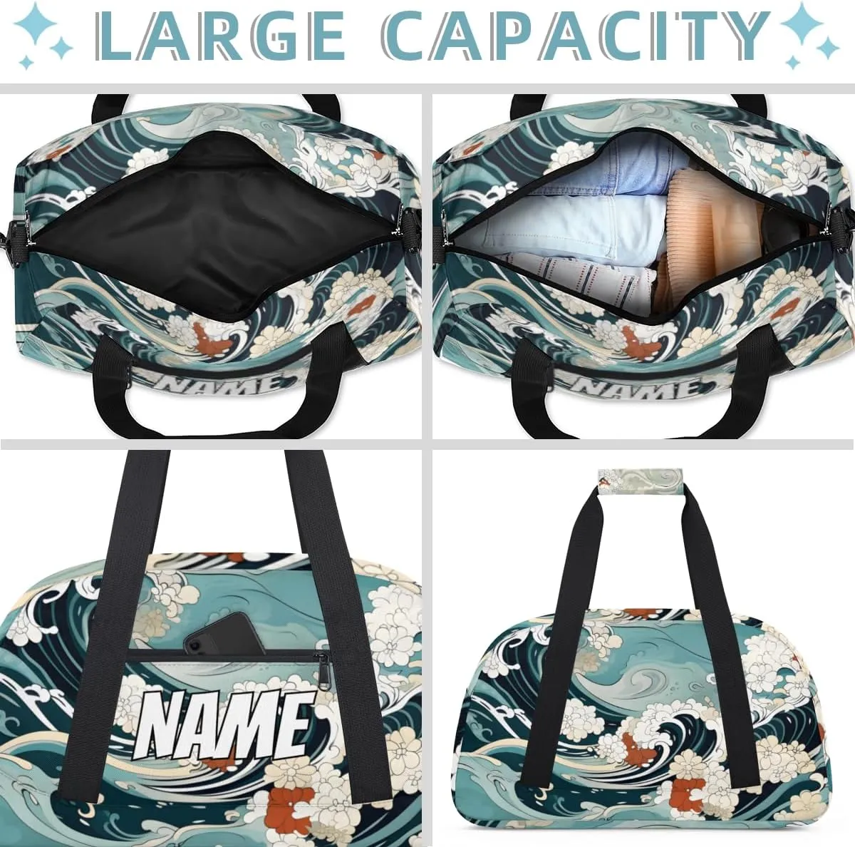 Personalized Custom Gym Bag for Women Men Carry on Japanese Waves Travel Duffel Tote Asian Sea Overnight Workout Weekender Bag