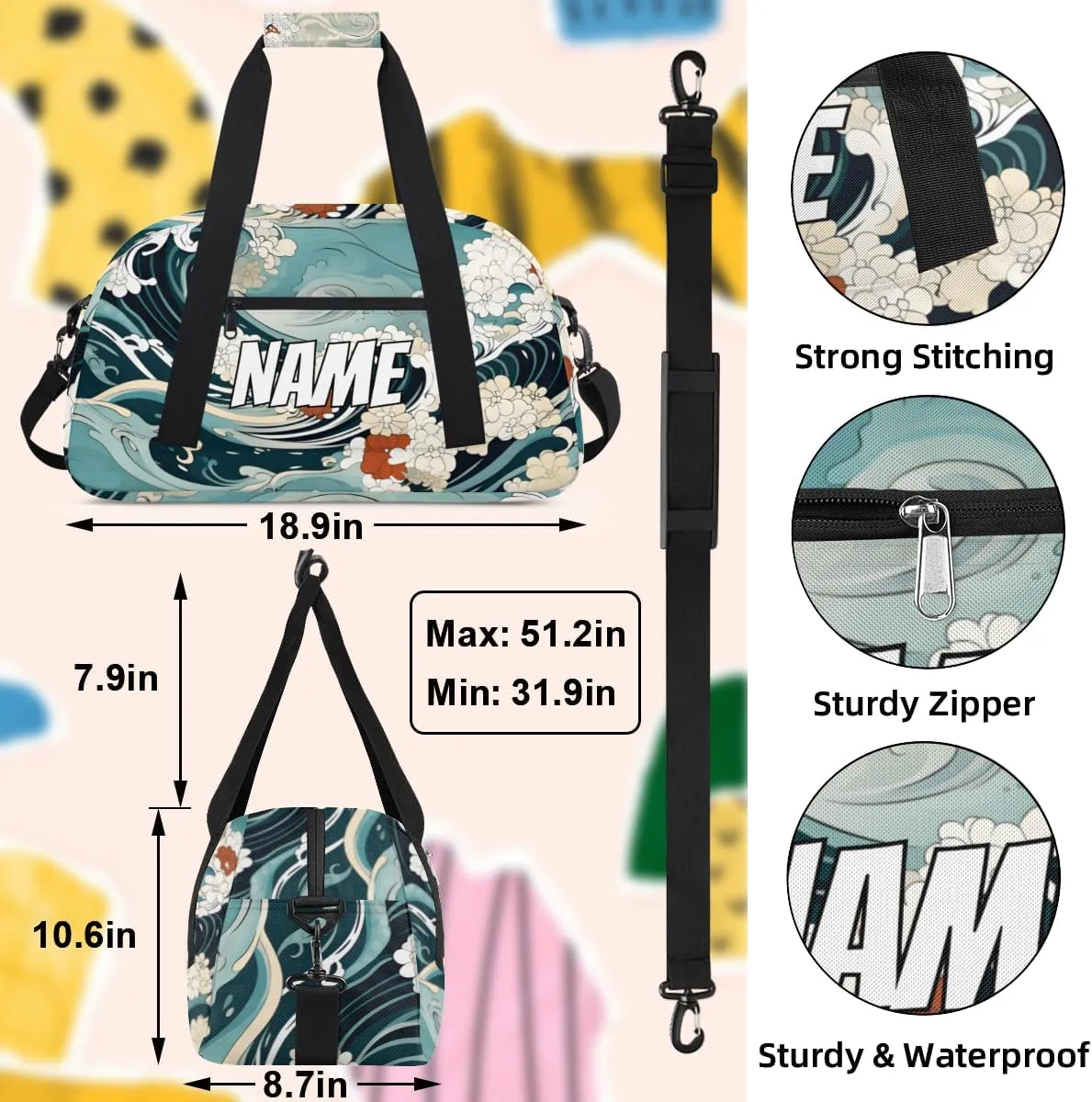 Personalized Custom Gym Bag for Women Men Carry on Japanese Waves Travel Duffel Tote Asian Sea Overnight Workout Weekender Bag