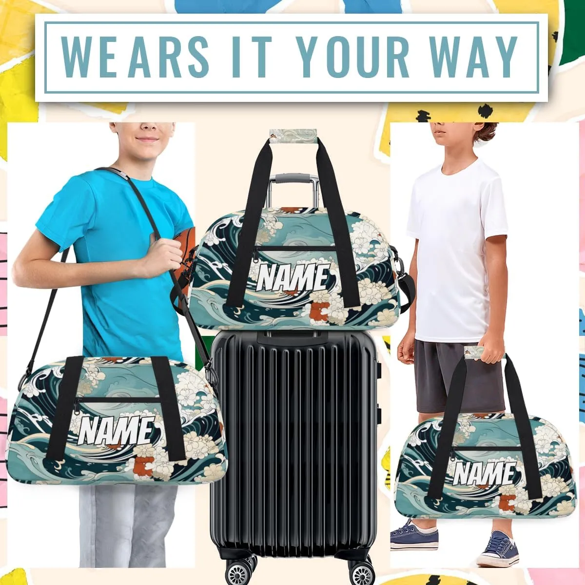Personalized Custom Gym Bag for Women Men Carry on Japanese Waves Travel Duffel Tote Asian Sea Overnight Workout Weekender Bag