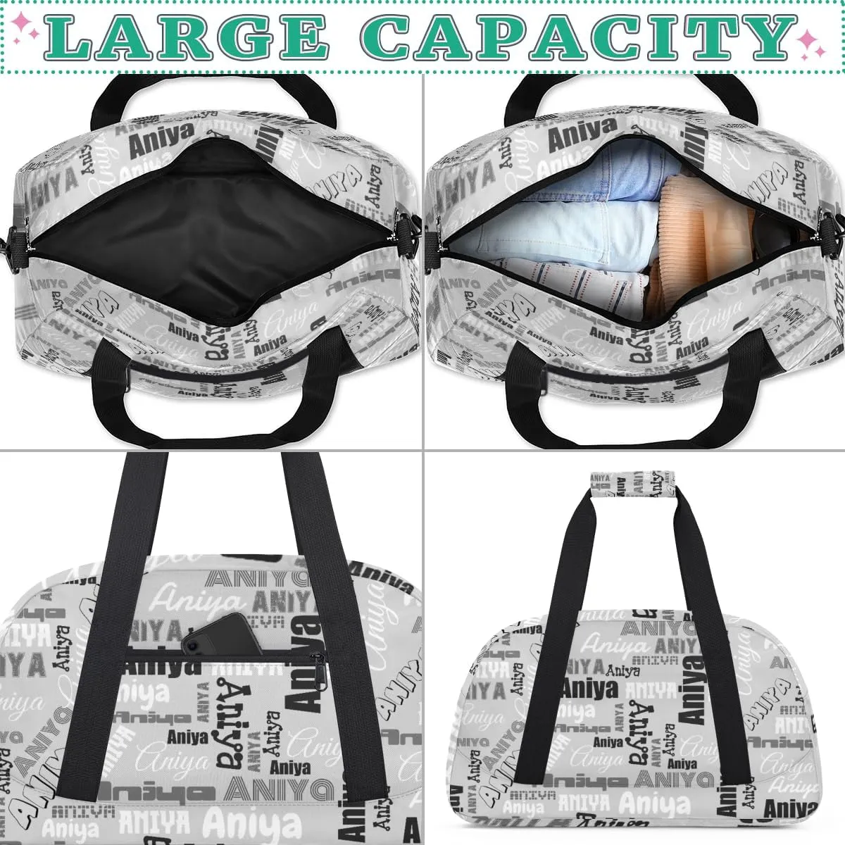 Personalized Dance Bag for Girls Boys Kids, Custom Gym Bag Overnight Small Duffel Bag with Padded Handles Carry On Weekend Sports Travel Bag for School Practice, Dense Text Grey