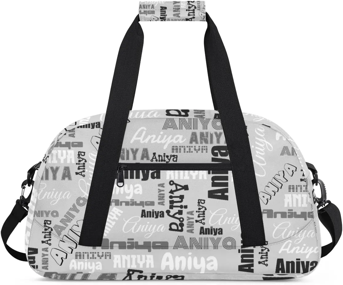 Personalized Dance Bag for Girls Boys Kids, Custom Gym Bag Overnight Small Duffel Bag with Padded Handles Carry On Weekend Sports Travel Bag for School Practice, Dense Text Grey
