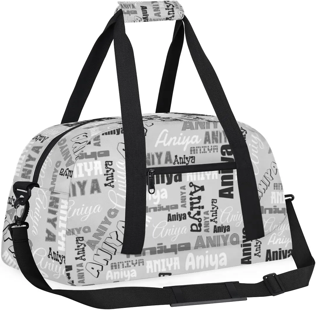 Personalized Dance Bag for Girls Boys Kids, Custom Gym Bag Overnight Small Duffel Bag with Padded Handles Carry On Weekend Sports Travel Bag for School Practice, Dense Text Grey