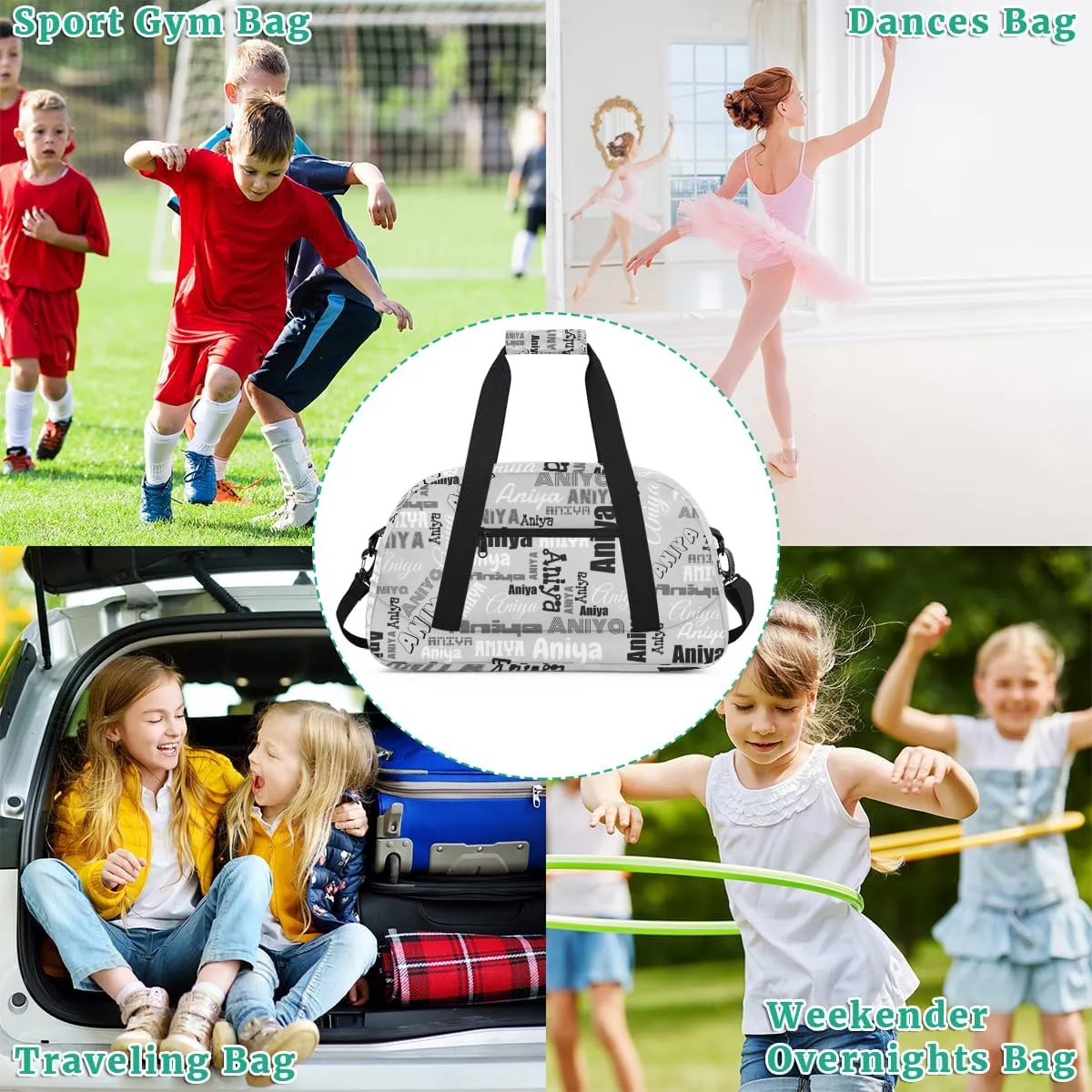 Personalized Dance Bag for Girls Boys Kids, Custom Gym Bag Overnight Small Duffel Bag with Padded Handles Carry On Weekend Sports Travel Bag for School Practice, Dense Text Grey