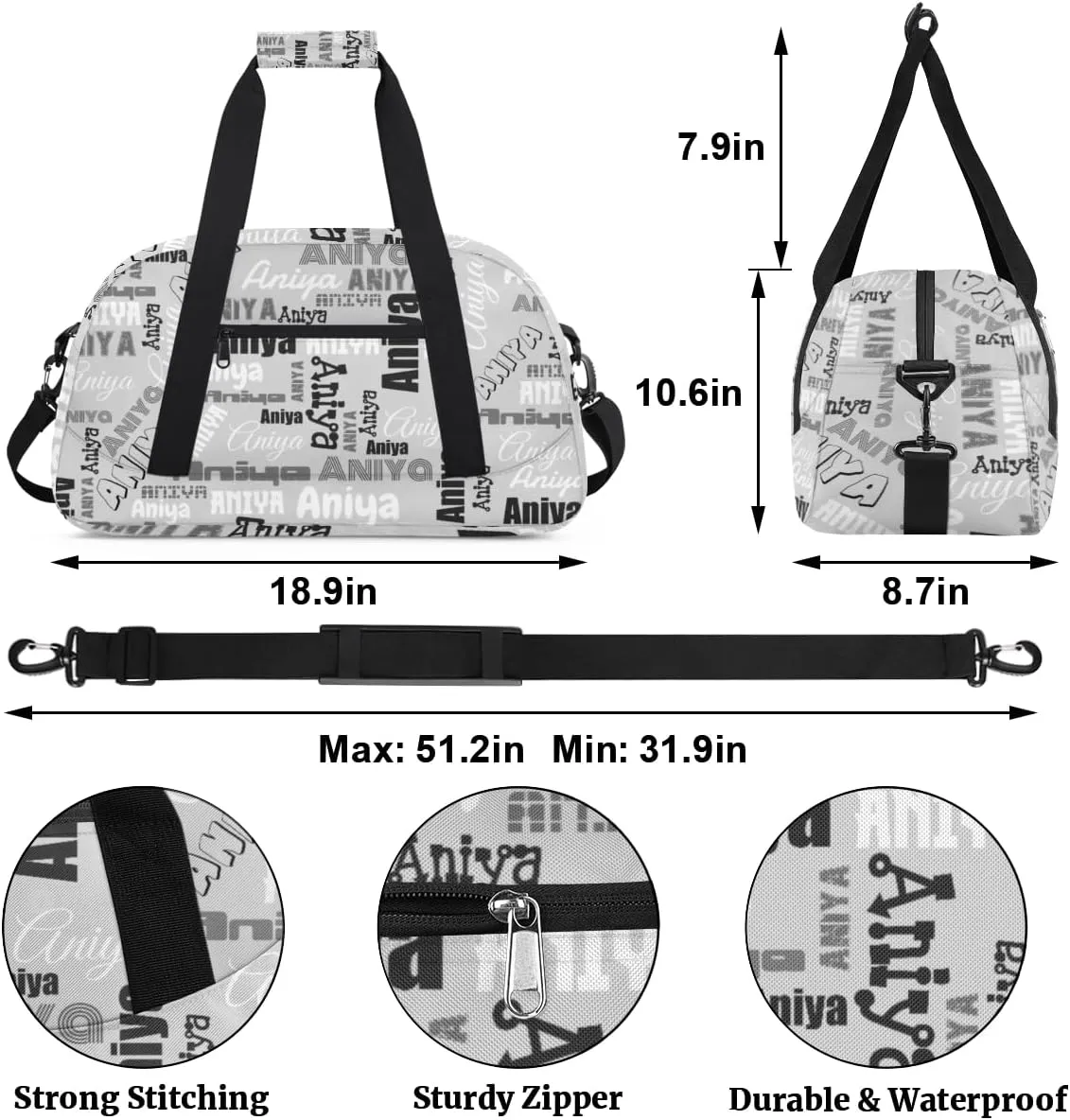 Personalized Dance Bag for Girls Boys Kids, Custom Gym Bag Overnight Small Duffel Bag with Padded Handles Carry On Weekend Sports Travel Bag for School Practice, Dense Text Grey