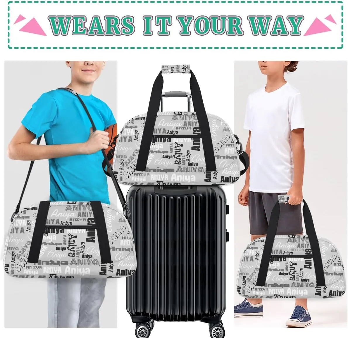 Personalized Dance Bag for Girls Boys Kids, Custom Gym Bag Overnight Small Duffel Bag with Padded Handles Carry On Weekend Sports Travel Bag for School Practice, Dense Text Grey