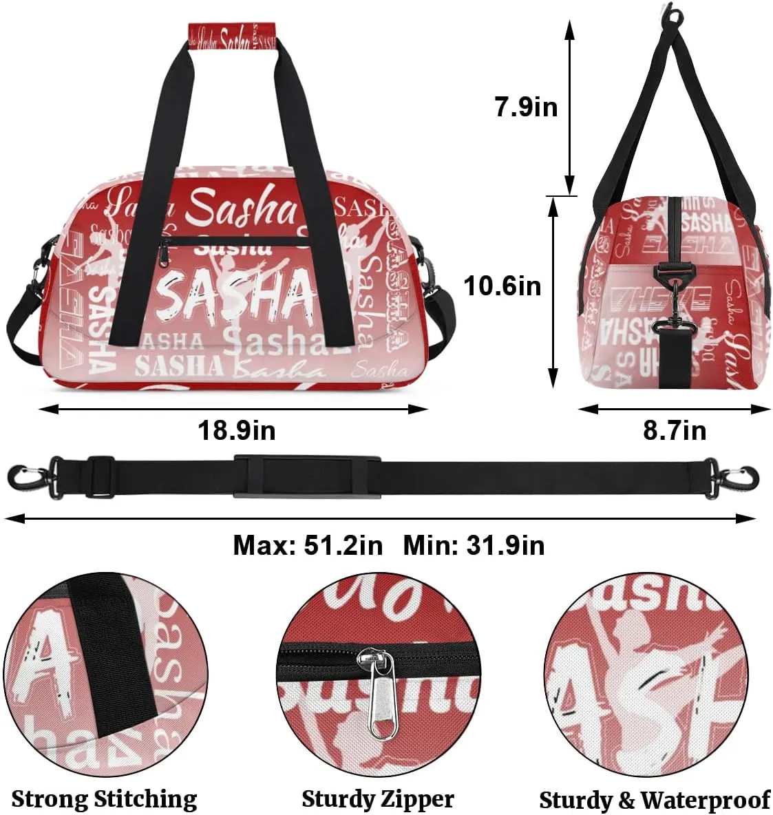 Personalized Dance Duffel Bag Name Cheer Bags, Custom Sport Duffel Gym Bag Weekender Bags for Travel Deep Red Gradient Gymnastics Bag