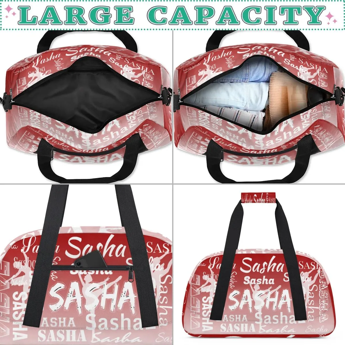 Personalized Dance Duffel Bag Name Cheer Bags, Custom Sport Duffel Gym Bag Weekender Bags for Travel Deep Red Gradient Gymnastics Bag