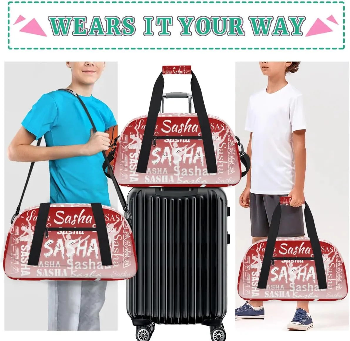 Personalized Dance Duffel Bag Name Cheer Bags, Custom Sport Duffel Gym Bag Weekender Bags for Travel Deep Red Gradient Gymnastics Bag