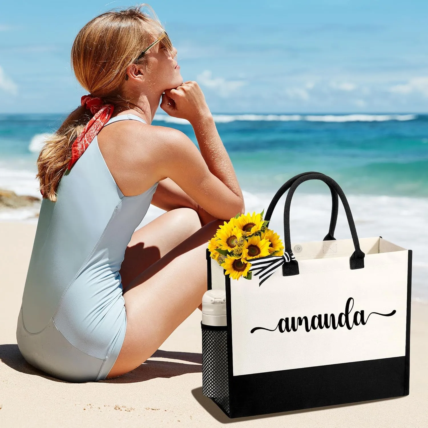 Personalized Name Tote Bag for Women, Birthday Best Friend Bridesmaid Gifts for Women Canvas Initial Tote Bags