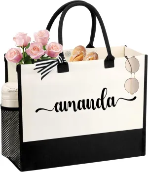 Personalized Name Tote Bag for Women, Birthday Best Friend Bridesmaid Gifts for Women Canvas Initial Tote Bags