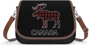 Plaid Moose Animal Silhouette Canada Crossbody Bags for Women PU Leather Tote Bag Purse Shoulder Bag for Travel Office