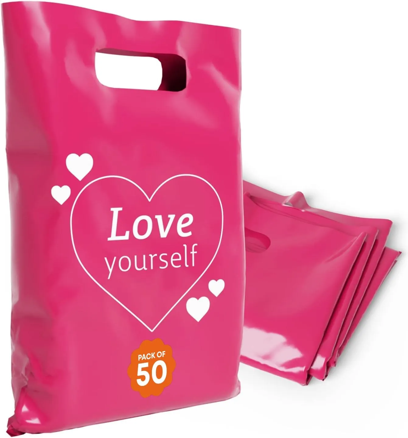 Plastic Bags with Handles,12x15 Merchandise Bags for Small Business,Die-Cut Retail Shopping & Boutique Bags,Vendor Event and Tradeshow Supplies,Love Yourself