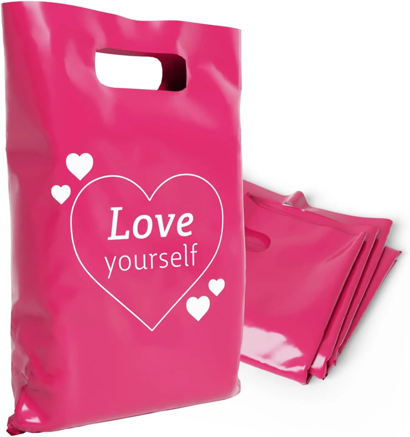 Plastic Bags with Handles,12x15 Merchandise Bags for Small Business,Die-Cut Retail Shopping & Boutique Bags,Vendor Event and Tradeshow Supplies,Love Yourself