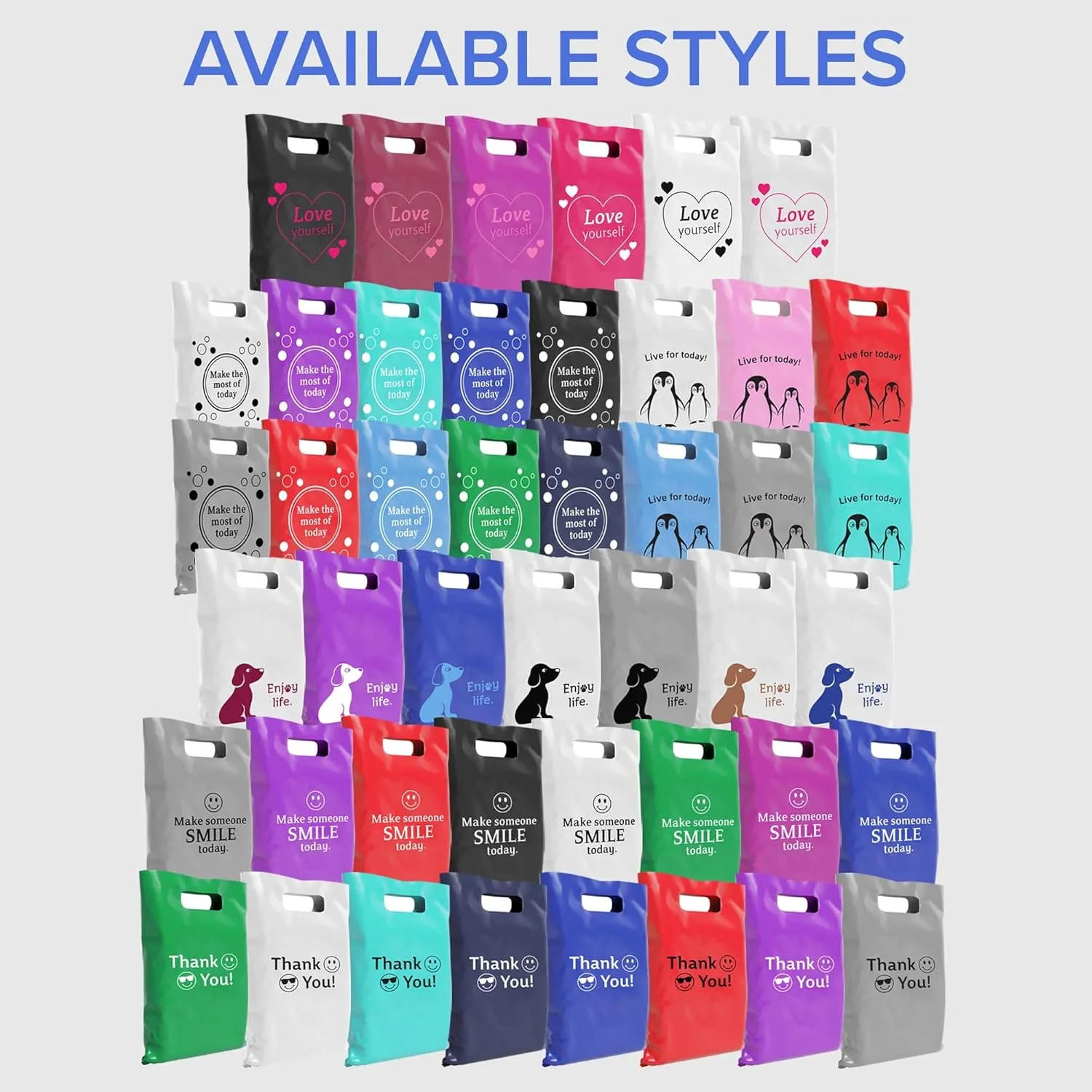 Plastic Bags with Handles,12x15 Merchandise Bags for Small Business,Die-Cut Retail Shopping & Boutique Bags,Vendor Event and Tradeshow Supplies,Love Yourself