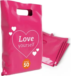 Plastic Bags with Handles,12x15 Merchandise Bags for Small Business,Die-Cut Retail Shopping & Boutique Bags,Vendor Event and Tradeshow Supplies,Love Yourself