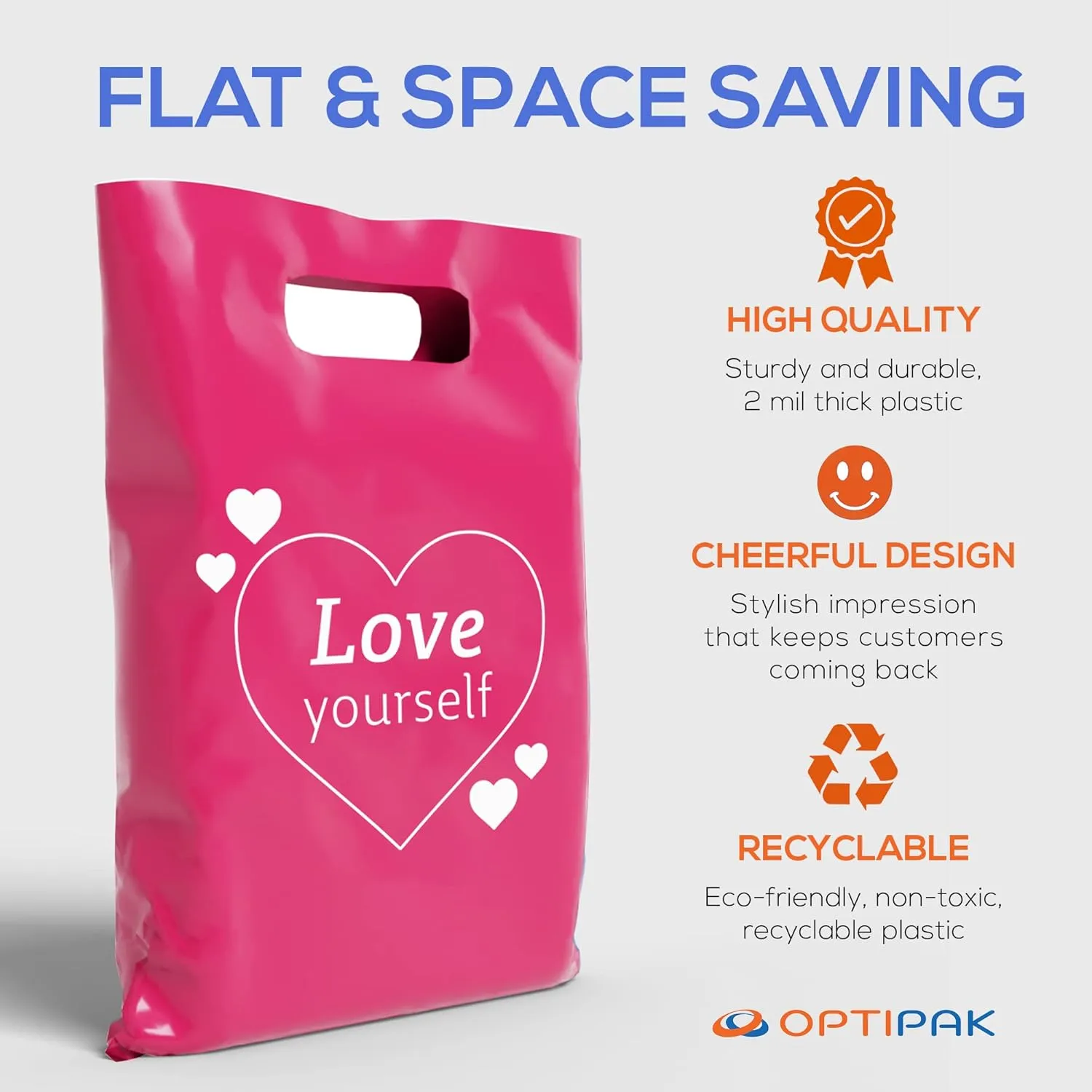 Plastic Bags with Handles,12x15 Merchandise Bags for Small Business,Die-Cut Retail Shopping & Boutique Bags,Vendor Event and Tradeshow Supplies,Love Yourself