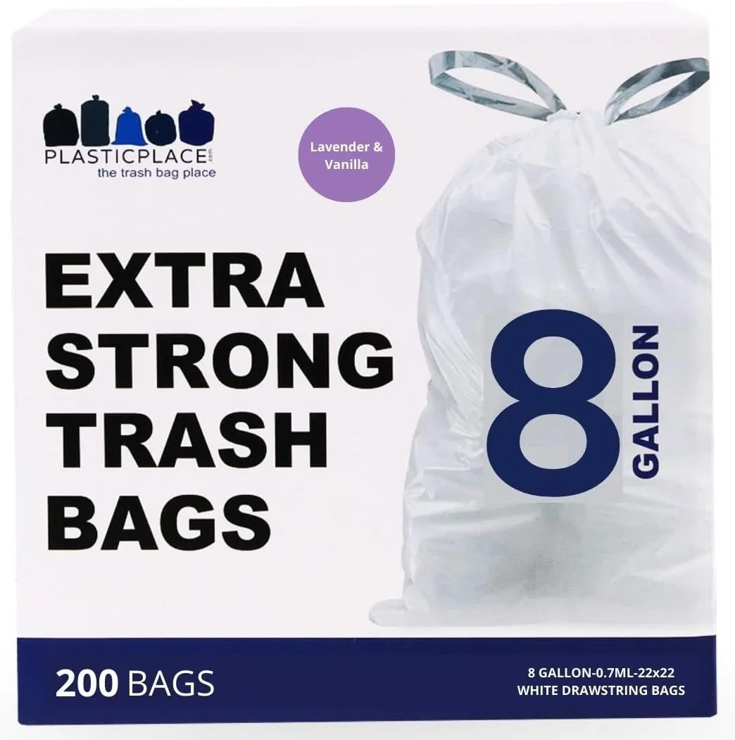 Plasticplace 8 Gallon Trash Bags │ 0.7 Mil │ Lavender and Soft Vanilla Scented Garbage Can Liners │ 22" x 22" (200 Count), White