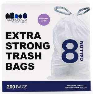 Plasticplace 8 Gallon Trash Bags │ 0.7 Mil │ Lavender and Soft Vanilla Scented Garbage Can Liners │ 22" x 22" (200 Count), White
